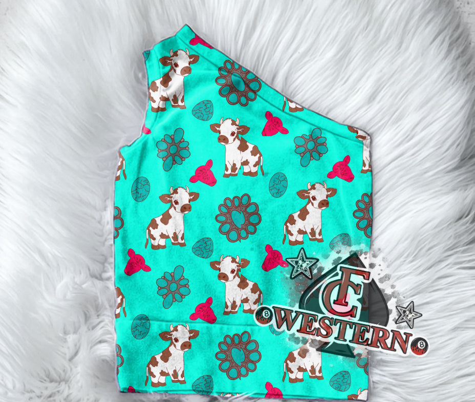 Turquoise & Cows One Shoulder Tank MOMMY & Me (READ FULL DESCRIPTION)