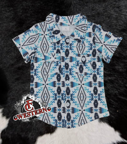 BLUE WHITE AZTEC BUTTON UP *RTS*