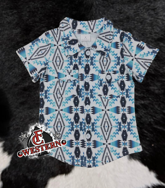 BLUE WHITE AZTEC BUTTON UP *RTS*