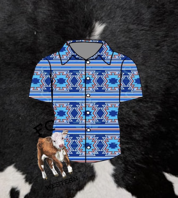 Mens Blue aztec Button Up (read description)