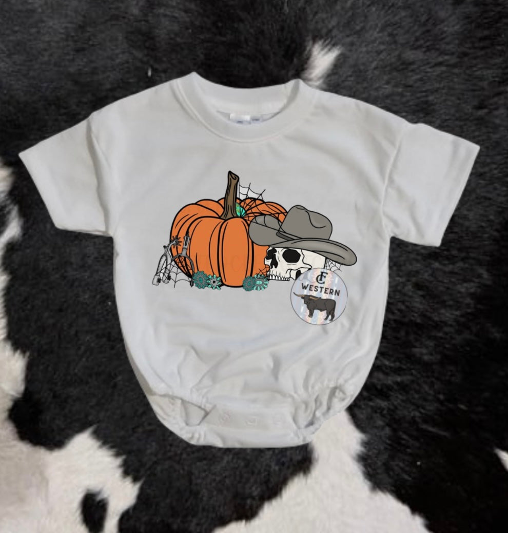 Cowboy Skull.Pumpkin Short Sleeve Romper (Read Full Description)s