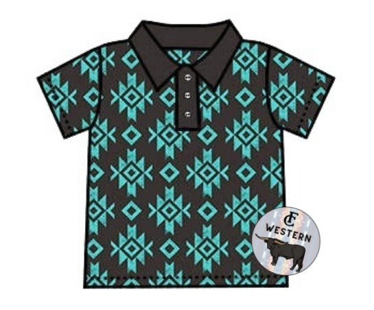 Turquoise/Black Aztec Polo (READ FULL DESCRIPTION)