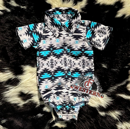 Grey/Turquoise Aztec Pearl Snap (preorder)
