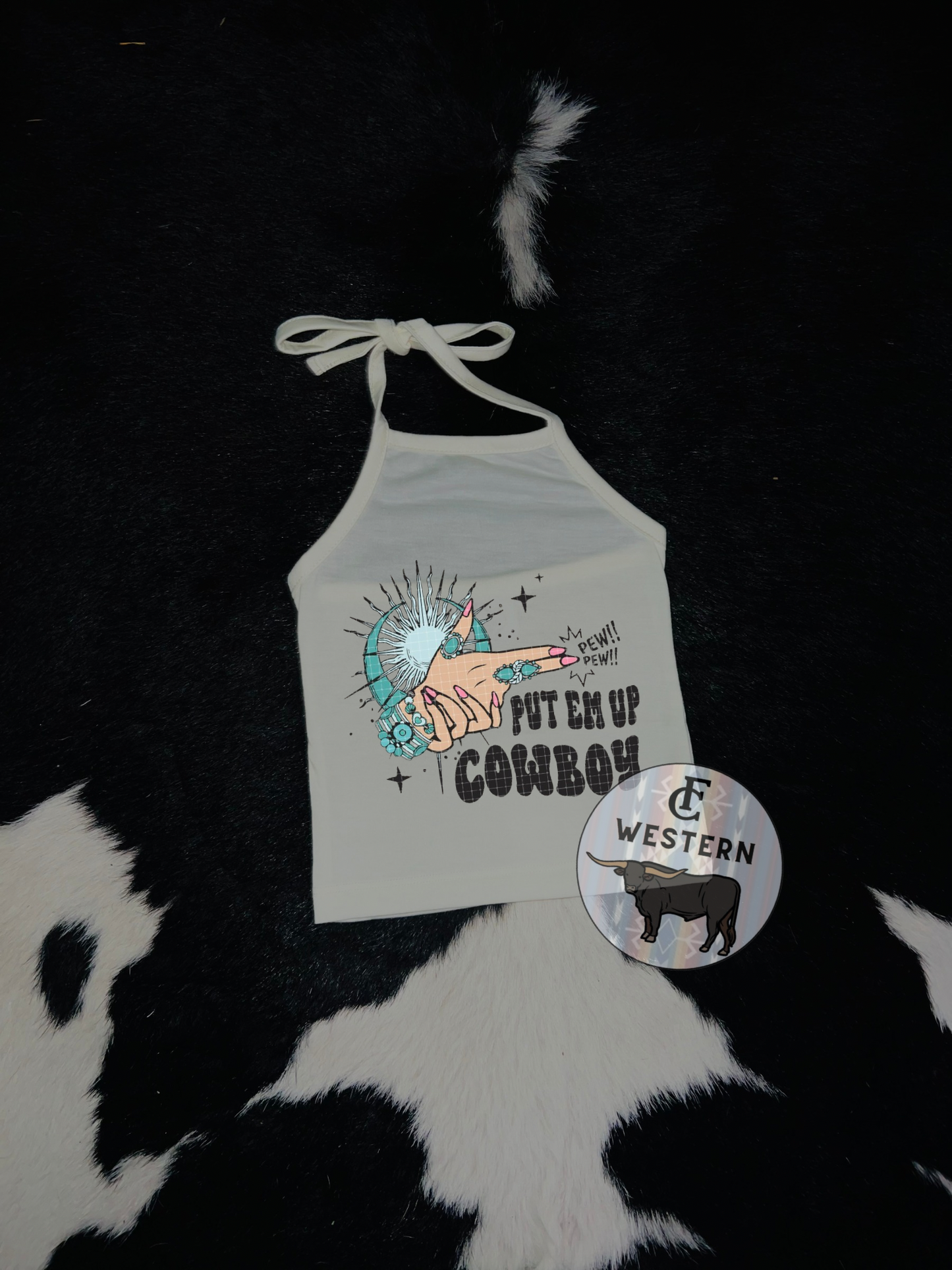 Pew pew Cowboy Graphic Halter (Read Full Description)